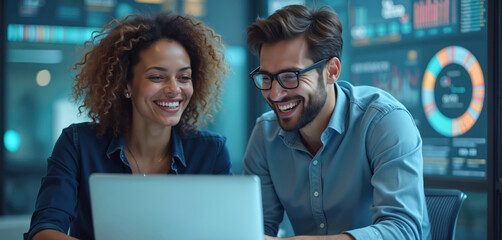 Two engineers discuss AI software using laptop in modern office. Smiling diverse team, man and woman analyze program, work in tech workplace. High-tech workplace environment, business teamwork.