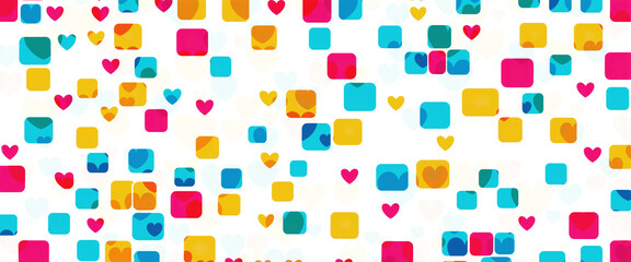 abstract pattern of colored squares and small hearts on white