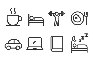 Daily Routine Icons. Line style icons for daily routines: coffee cup, bed, workout, breakfast, commute, laptop, book, sleep.