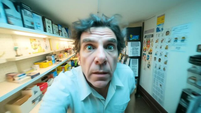 Wide-angle distorted handheld shot of man frantically running through a cluttered store aisle, lens creates exaggerated motion effect with zoom blur.