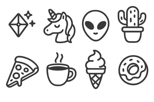 Sticker Icon Collection. Line style icons of stickers: diamond sparkle sticker, unicorn head sticker, alien face sticker, cactus