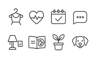 Lifestyle App Icons. Line style icons of lifestyle app logos: fashion app icon, wellness tracker icon, routine planner icon,
