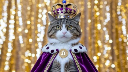 Royal cat with bitcoin in cloak and crown, crypto wealth concept