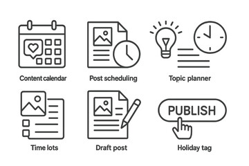 Social Media Planning Icons. Line style icons of social media planning: content calendar, post schedule, topic planner, time slot,