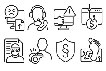 Cybercrime Awareness Icons. Line style icons of cybercrime awareness: cyberbullying report, fraud hotline, online abuse alert,
