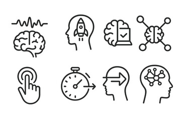 Neurodesign Line Icons. Line style icons of neurodesigners: brainwave graph, focus booster, UX brain test, cognitive node, trigger