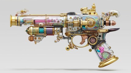 Magic Gun designed, made of golden, copper, Cystal and filled with magic power, style fantasy game design, high-resolution, detailed product photography, vibrant colors, studio lighting.