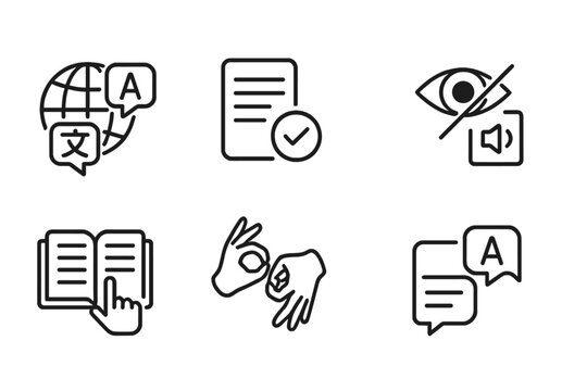 Inclusive Communication Icons. Line style icons of inclusive communication: multiple languages, plain language, visual aids, audio