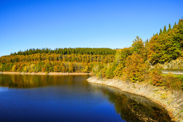 View of the Oleftalsperre Dam and the surrounding landscape. Nature at the lake near the Eifel...