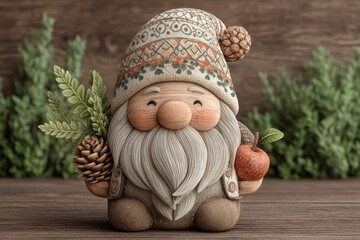Smiling Gnome Figurine with Knit Hat and Evergreen Branches on Wooden Background