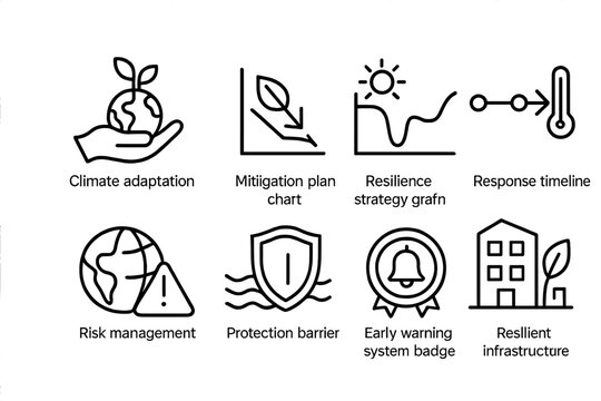 Climate Icons Set. Line style icons of climate analytics: climate adaptation icon, mitigation plan chart, resilience strategy