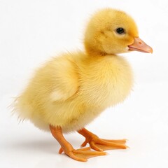 Close-up of a fuzzy baby duckling standing on tiny orange feet, with bright yellow feathers against a white background