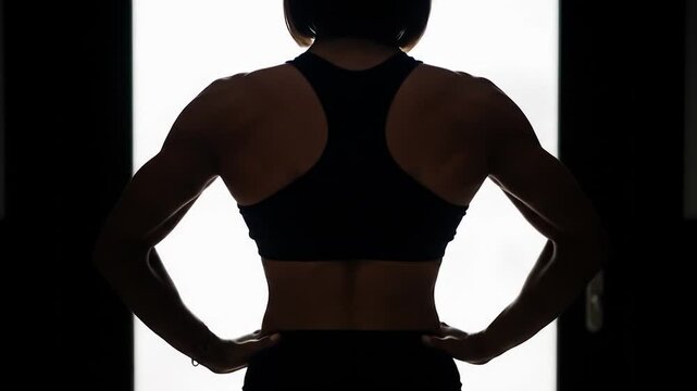 Silhouette of a muscular woman standing confidently in a doorway, back view, fitness motivation