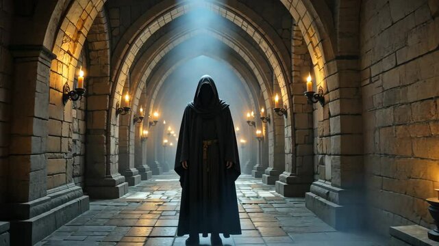 Hooded figure walking down illuminated medieval corridor with arches and torches. Mysterious historical fantasy vibe