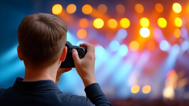 Man Capturing Vibrant Moments with Camera Flash at Concert with Colorful Stage Lights