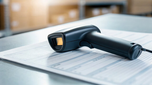 Import tariff policy concept. Barcode scanner on paper document in a warehouse setting.