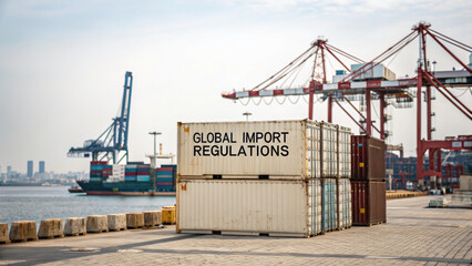 Import tariff policy concept. Cargo containers at port with shipping cranes and regulations sign displayed.