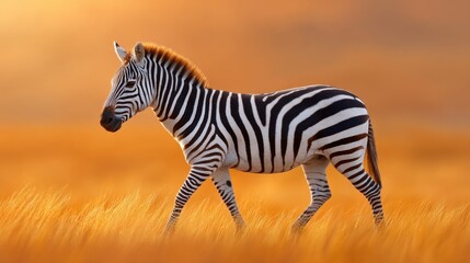 Fototapeta premium Wild Zebra Walking Gracefully Across Golden Grassland Under Warm Sunset