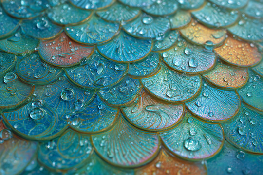 Iridescent mermaid scales with shimmering texture
A dreamy close-up of shimmering mermaid scales in shades of turquoise, seafoam, coral, and pearlescent white. 