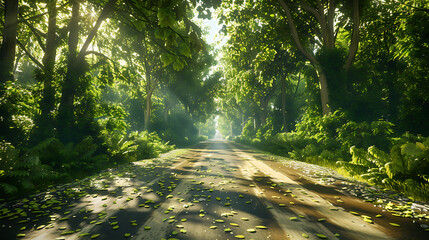Serene Sunlit Forest Paths: Morning Light Filtering Through Lush Canopies