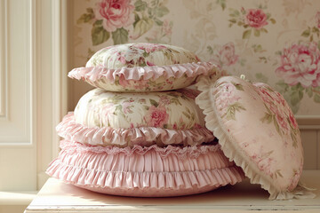 Rococo revival floral ruffled pillows in pastel interior
A stack of vintage-inspired pillows in soft pink tones, featuring delicate floral prints and ruffled edges.  