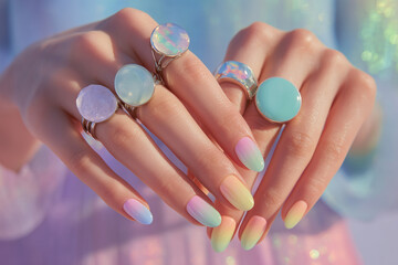 Aura-inspired nail art with bold statement rings on pastel background
A close-up of hands with almond-shaped nails, painted in soft ombré gradients resembling an aura or cosmic energy. 