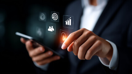 Futuristic Businessman Performing Risk Assessment with Virtual Interface