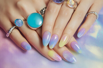 Aura-inspired nail art with bold statement rings on pastel background
A close-up of hands with almond-shaped nails, painted in soft ombré gradients resembling an aura or cosmic energy. 