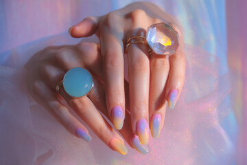 Aura-inspired nail art with bold statement rings on pastel background
A close-up of hands with almond-shaped nails, painted in soft ombré gradients resembling an aura or cosmic energy. 