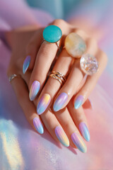 Aura-inspired nail art with bold statement rings on pastel background
A close-up of hands with almond-shaped nails, painted in soft ombré gradients resembling an aura or cosmic energy. 