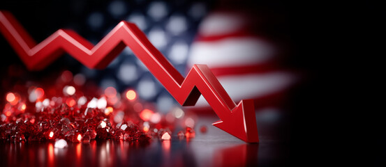 Financial Crisis: Red Arrow Diagraphs on Stock Market Crash with Falling US Economy - Stock Photo
