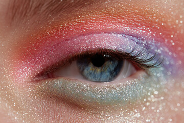 A macro close-up of an eye with ethereal aura-inspired makeup, featuring a dreamy blend of pastel rainbow colors: pink, coral, blue, lavender, and peach.  