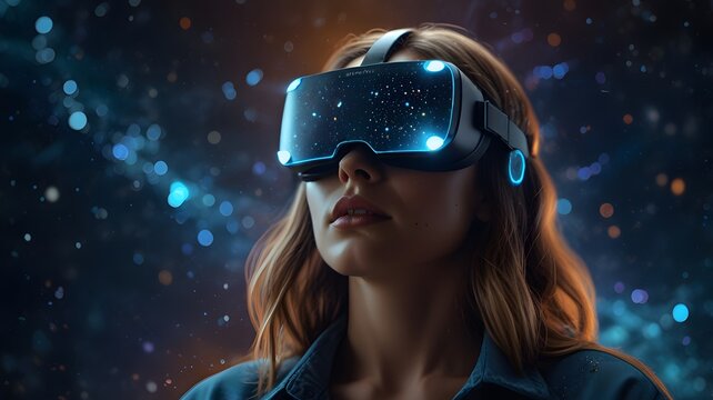 Woman exploring virtual reality world with vr headset technology and digital innovation - Powered by Adobe