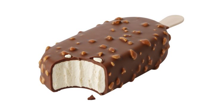 Delicious Chocolate Covered Ice Cream Bar with Crunchy Nuts Perfect for Summer Treats and Sweet Dessert Photography, transparent background