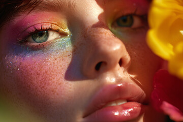 Close-up portrait of a glowing face adorned with aura-inspired makeup — soft pastel hues of pink, blue, yellow, and green seamlessly blended across the eyelids and cheeks. 