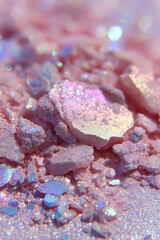  high-resolution close-up of a crushed duochrome shimmer eyeshadow in ethereal aura style. The main tone is a soft pastel pink with opalescent light-blue sparkle and holographic flecks