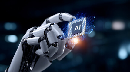 Futuristic White Robotic Hand Holding AI Computer Chip on Blue Background - 3D Render at 20MP Resolution