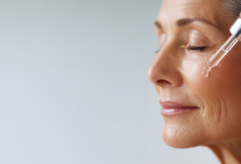 Close-up of a 56 years old woman's face applying transparent serum to her cheek, focus on the serum texture. against a white background, in a studio photography setting. This beauty shot, showcasing
