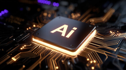 Artificial Intelligence Concept with Processor, Brain Circuits, and Glowing "Ai" Word