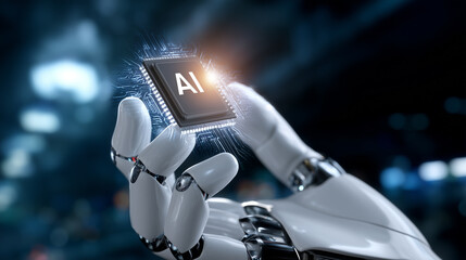 Futuristic Robotic Hand Holding AI Computer Chip on Blue Background - 3D Rendering