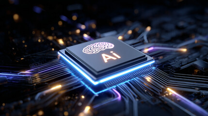 Technological Brain - Conceptual Image of Processor with Illuminated Circuits and Glowing "AI" Symbol