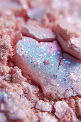  high-resolution close-up of a crushed duochrome shimmer eyeshadow in ethereal aura style. The main tone is a soft pastel pink with opalescent light-blue sparkle and holographic flecks