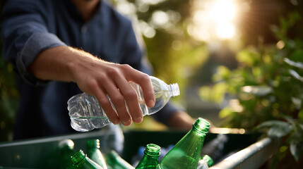 Eco-Friendly Recycling - Hand Discarding Plastic Bottle into Green Bin Outdoors with Sunlight Blur