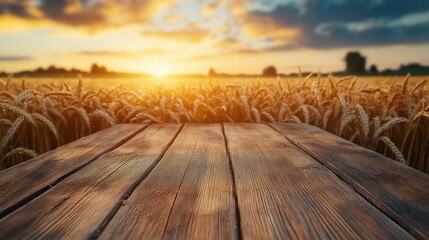 Wooden table top on blurred wheat field in daytime. Whole wheat harvest. For product display montage or key visual layout design. Copy space view