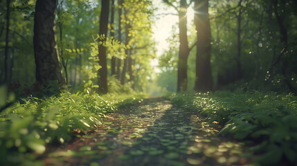 Serene Sunlit Forest Paths: Morning Light Filtering Through Lush Canopies