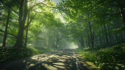 Serene Sunlit Forest Paths: Morning Light Filtering Through Lush Canopies