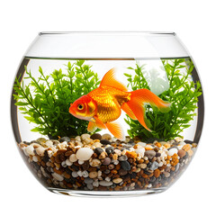Vibrant goldfish swimming in aquarium with colorful rocks and lush green plants, isolated on transparent background PNG