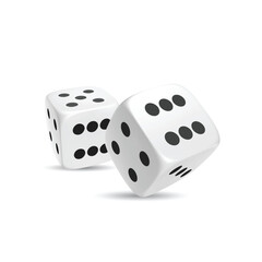 White photorealistic 3d cube for games. Dice icon in flight closeup isolated on white background. Vector illustration.