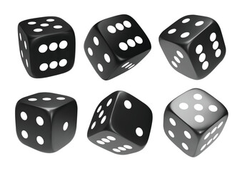 Black photorealistic 3d cube for games. Dice icon in flight closeup isolated on white background. Vector illustration.