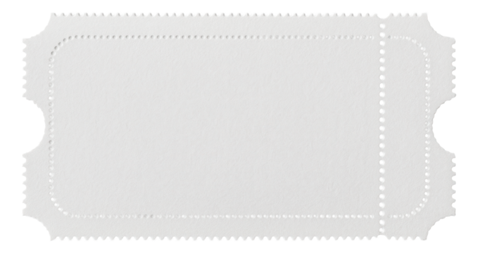 Blank perforated rectangular ticket with scalloped edges and a textured surface on transparent background.